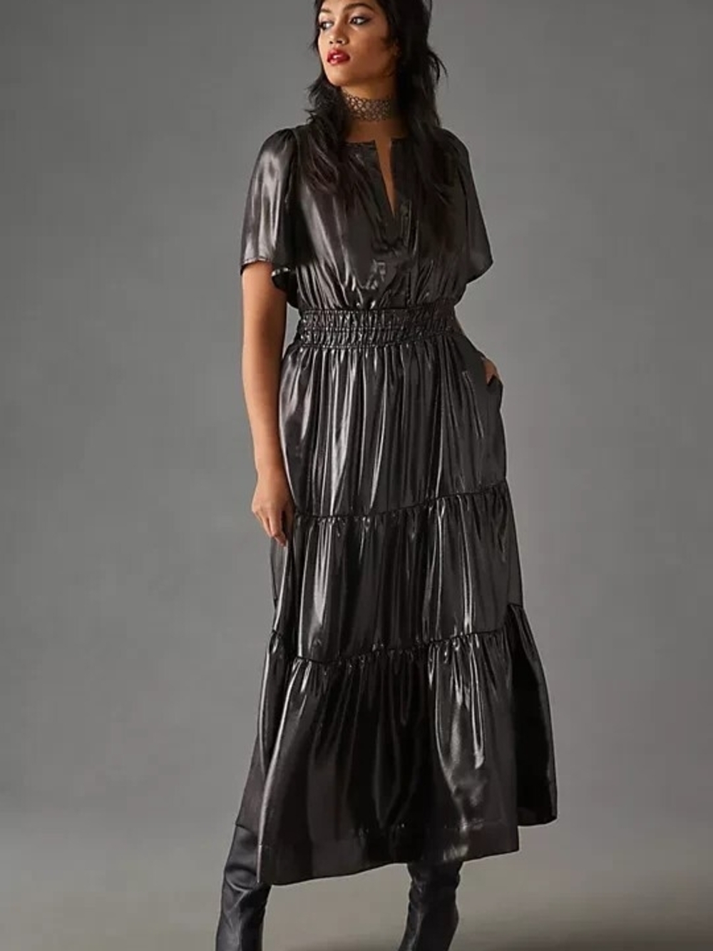 Anthropologie Somerset Metallic Maxi Dress Shine Edition Carbon Silver 3X NWOT